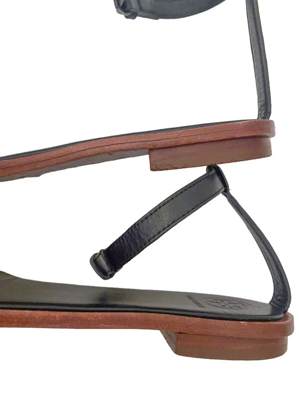 TORY BURCH Gabrielle Black Flat Sandals with Ankle Strap, Logo Sz 5.5